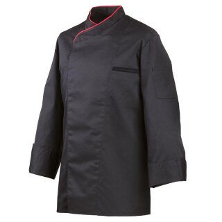 Kochjacke langarm, mit Druckknöpfen, schwarz, Paspel rot
