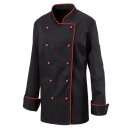 Damenkochjacke langarm, taillert, schwarz, Paspel rot