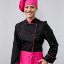 Damenkochjacke langarm, taillert, schwarz, Paspel hotpink