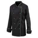 Damenkochjacke langarm, taillert, schwarz, Paspel lemongreen